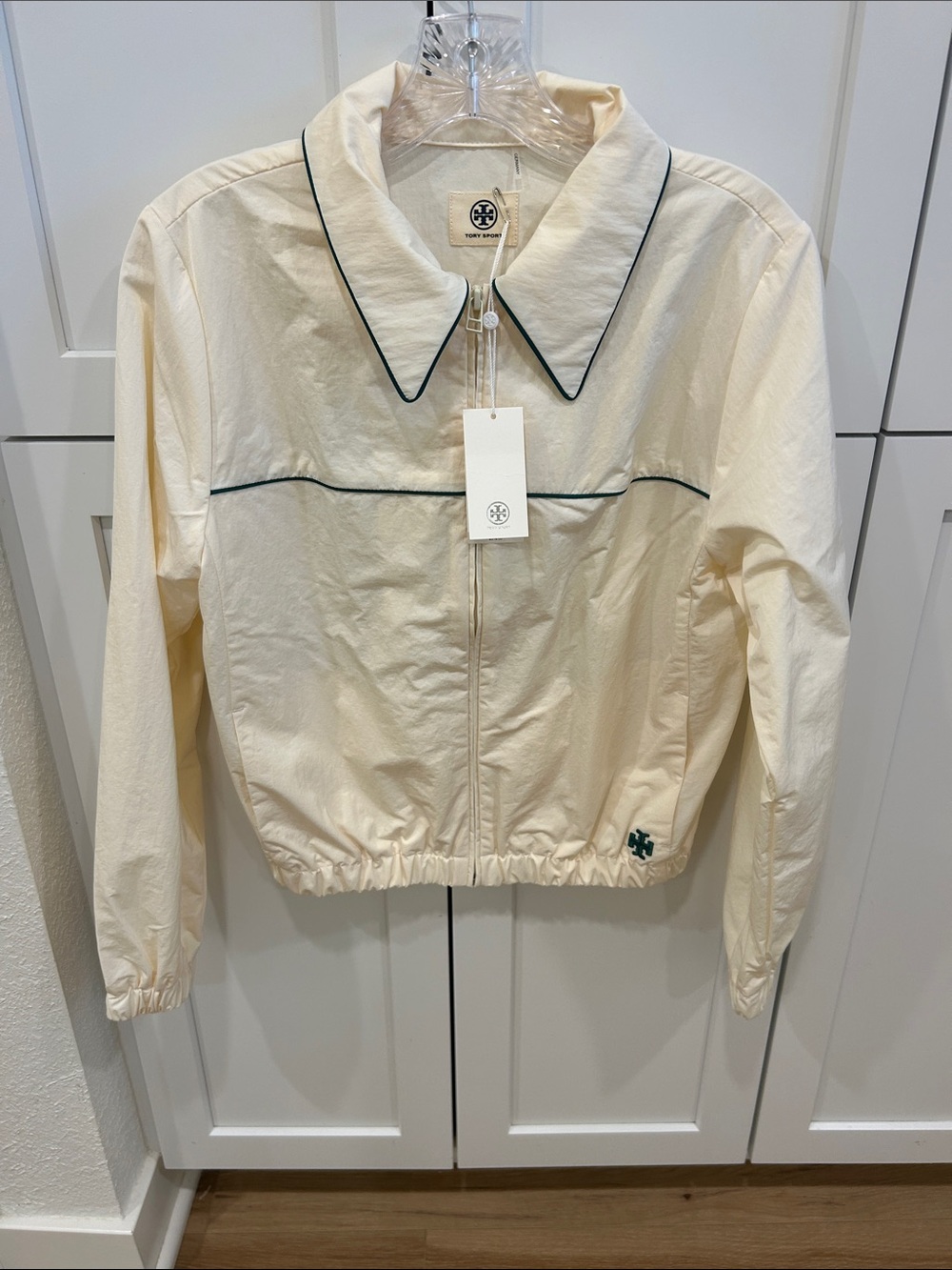 Tory Burch Cream Zip Bomber Jacket with Dark Trim